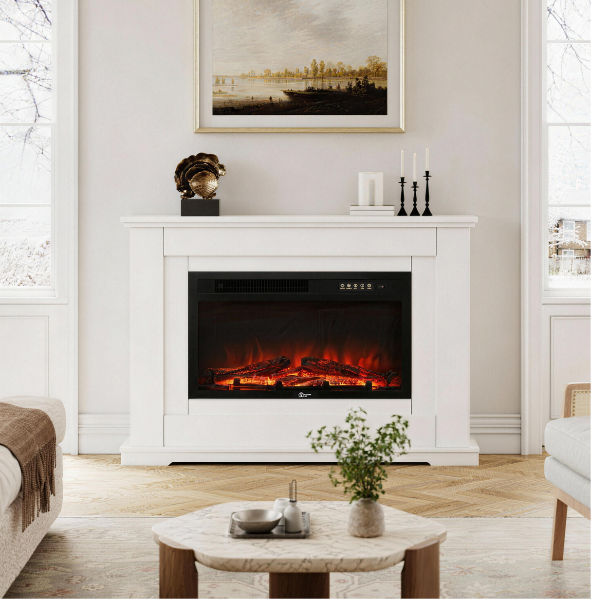 Electric Inset Fireplace Heater Fire Place White Wooden Mantel, 30inch