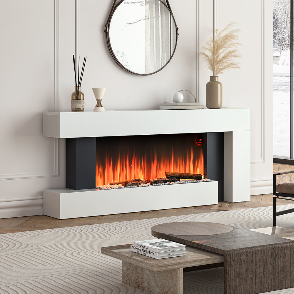Modern White Electric Fireplace with LED Flame & Remote Control Heater