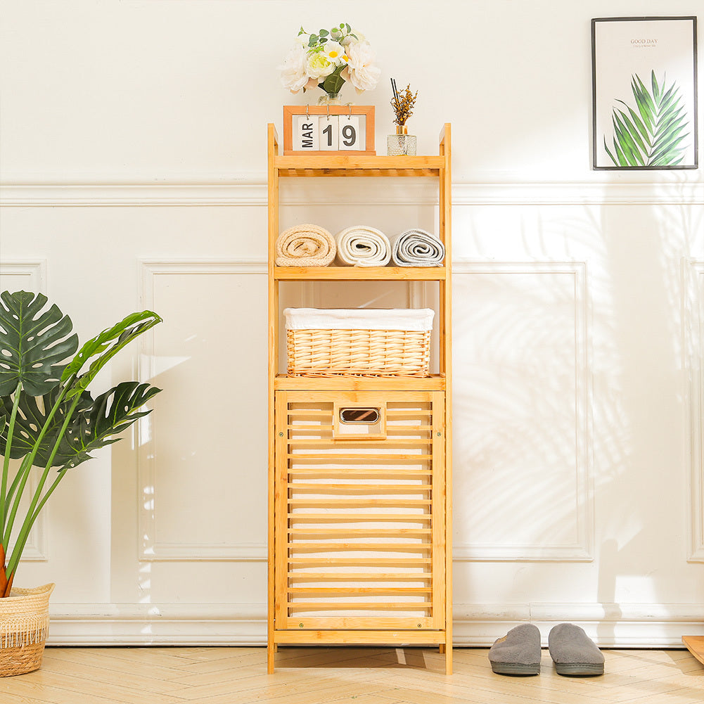 Bamboo Laundry Hamper with Shelves Large Capacity Removable Bag