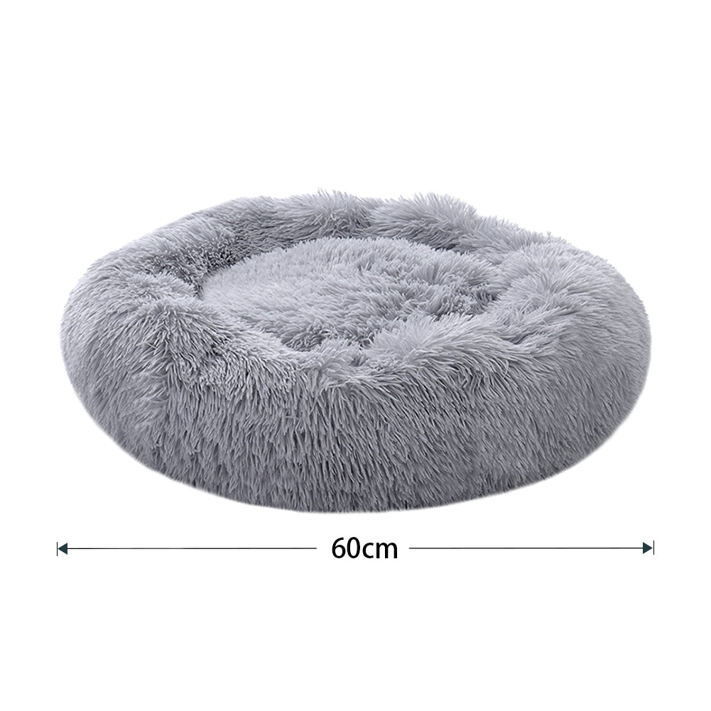 60CM Round Faux Fur Fluffy Shaggy Sheepskin Pet Bed, Light Grey