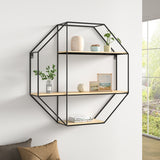 3-Tier Metal Octagonal Floating Shelf Wall Mounted Wood Shelf