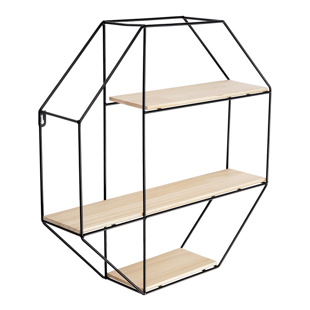 3-Tier Metal Octagonal Floating Shelf Wall Mounted Wood Shelf