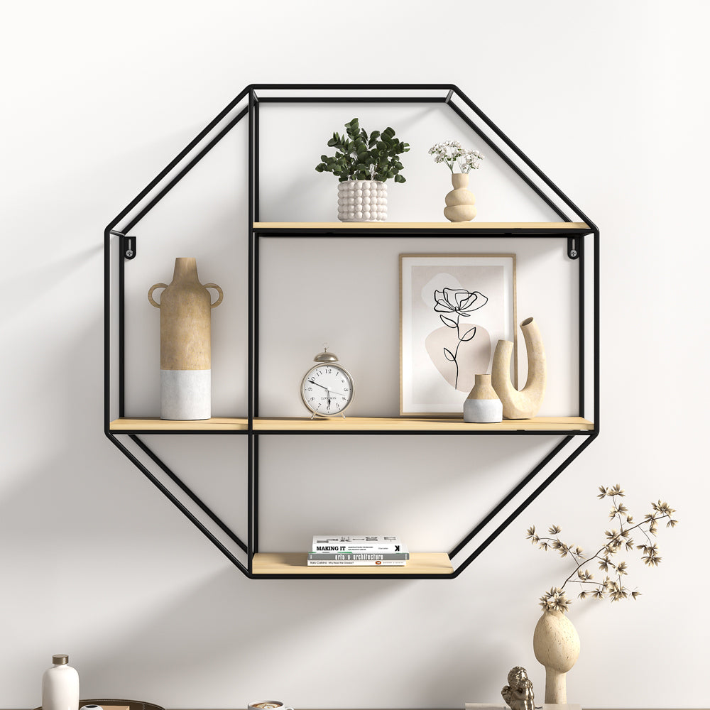 3-Tier Metal Octagonal Floating Shelf Wall Mounted Wood Shelf