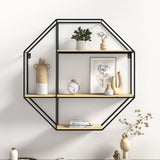 3-Tier Metal Octagonal Floating Shelf Wall Mounted Wood Shelf