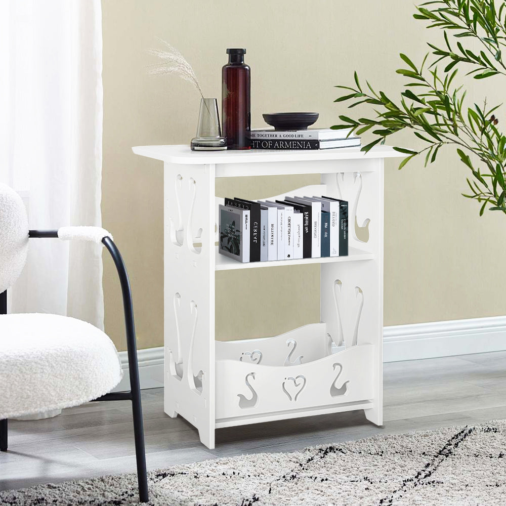 White 2 Tier Nightstand Side Table with Cutout Patterns