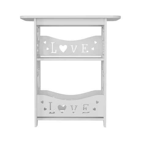 White PVC Nightstand Side Table with 2 Shelves and Decorative Cutouts