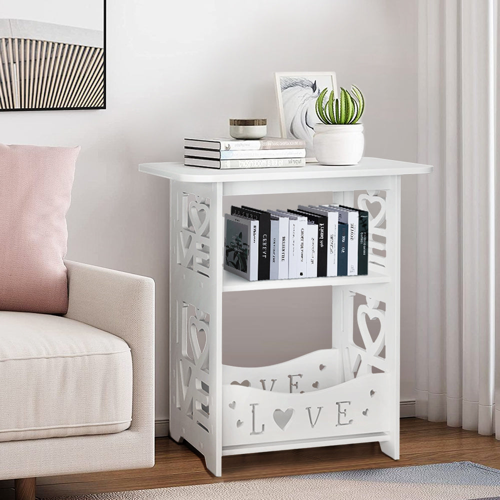 White PVC Nightstand Side Table with 2 Shelves and Decorative Cutouts