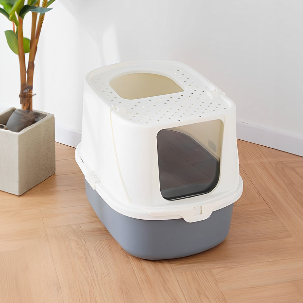 Grey Large Hooded Cat Litter Box with Scoop