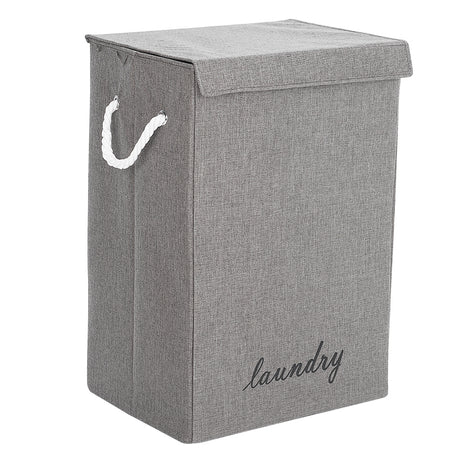 Grey Lidded Foldable Laundry Hamper Linen Fabric with Handles