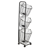 3 Tier Black Laundry Basket with Wheels Metal Rolling Storage Organiser