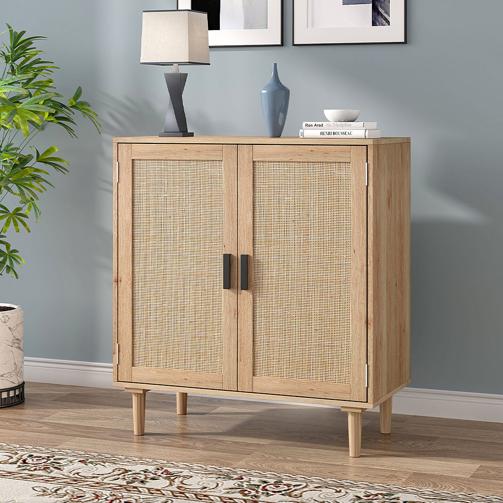 Oak Rattan Sideboard with Storage Elegant Wooden Cabinet