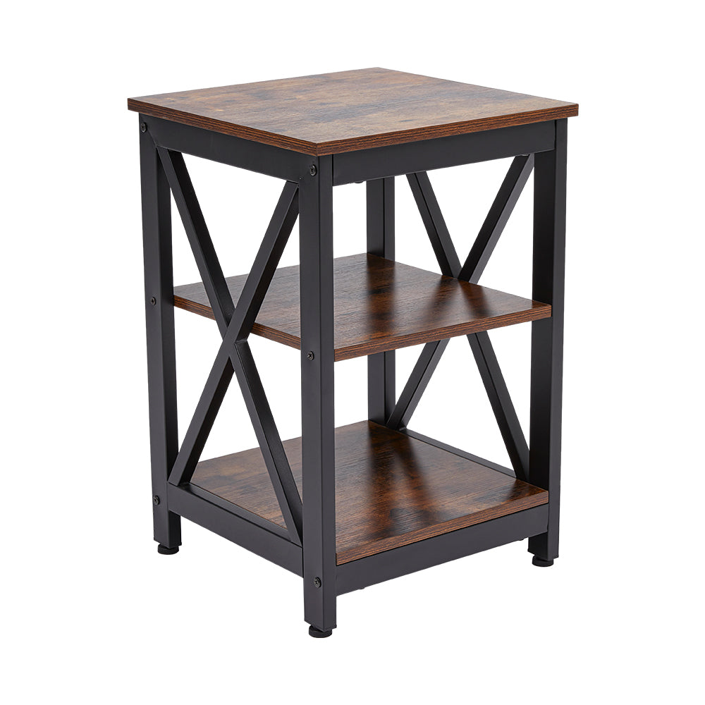 Brown Vintage Wooden Rustic Side Table with Shelves