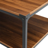 Modern Walnut Industrial Metal Frame Coffee Table with Storage Two Tier