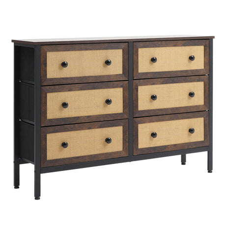 Dark Brown 6 Drawer Wooden Rustic Rattan Storage Cabinet