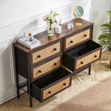 Dark Brown 6 Drawer Wooden Rustic Rattan Storage Cabinet
