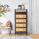 4 Drawer Rustic Rattan Storage Cabinet with Drawers and Open Shelf