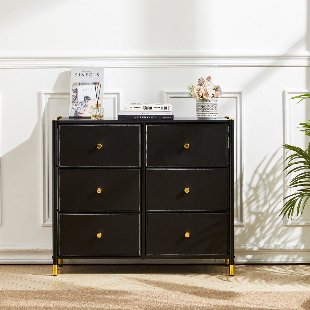 Stylish Storage Cabinet with 6 Fabric Drawers Gold Accents Black Frame