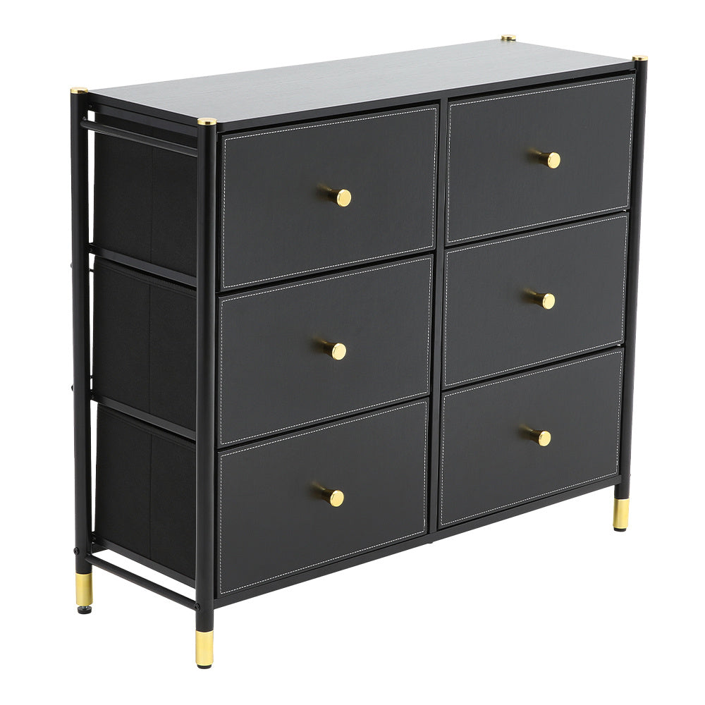 Stylish Storage Cabinet with 6 Fabric Drawers Gold Accents Black Frame