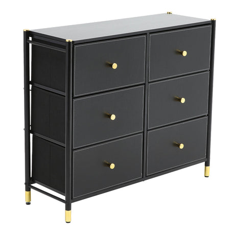 Stylish Storage Cabinet with 6 Fabric Drawers Gold Accents Black Frame