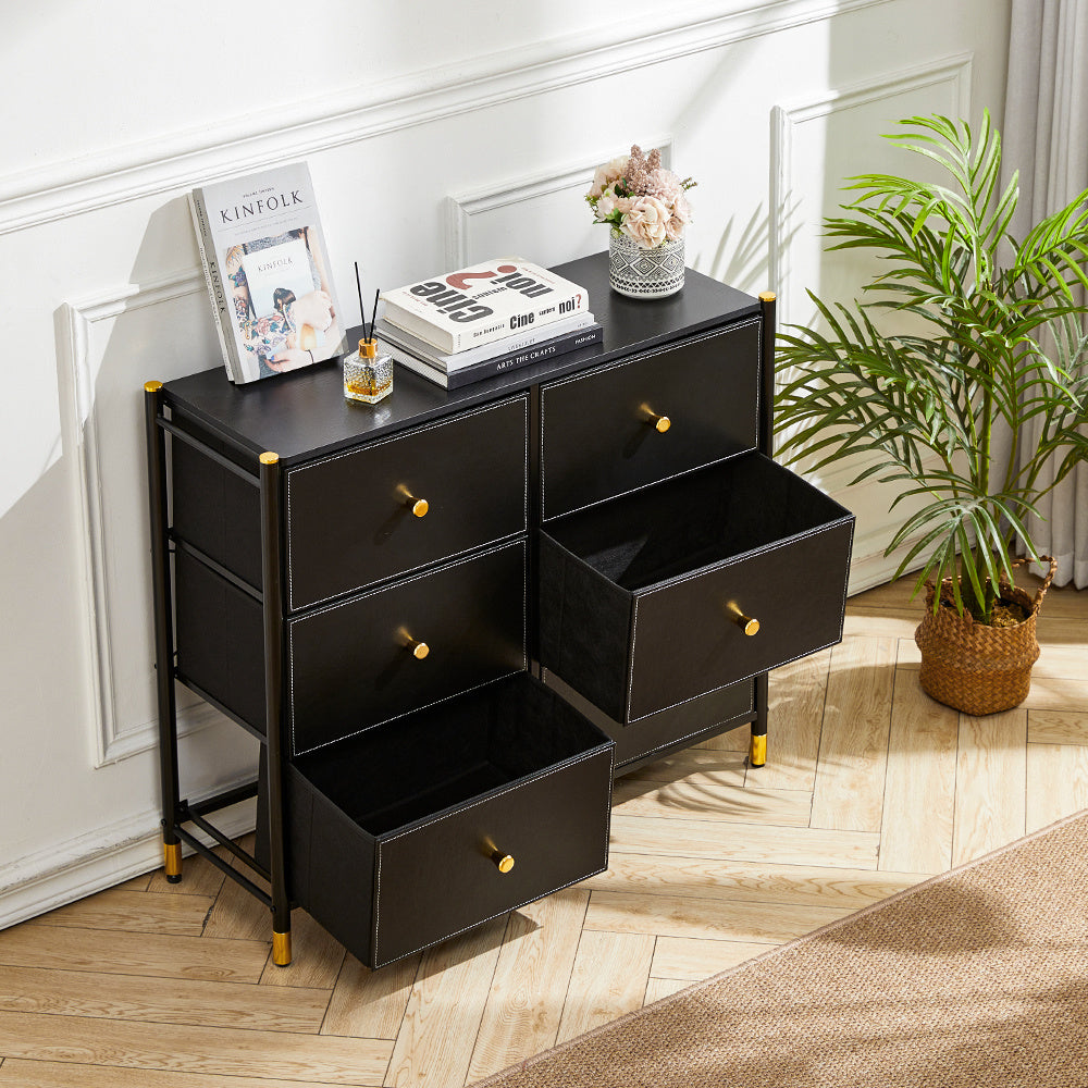 Stylish Storage Cabinet with 6 Fabric Drawers Gold Accents Black Frame