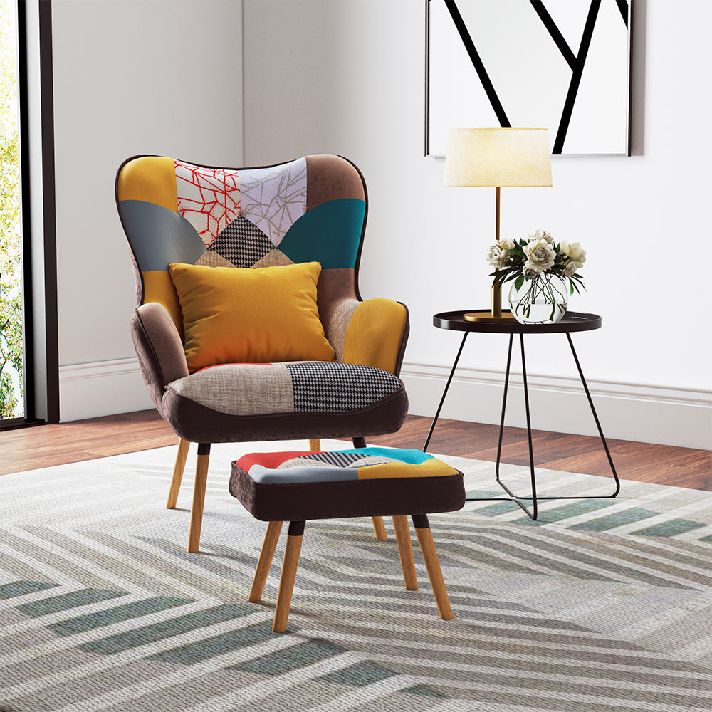 Wingback Armchair with Footstool Modern Velvet Reading Chair