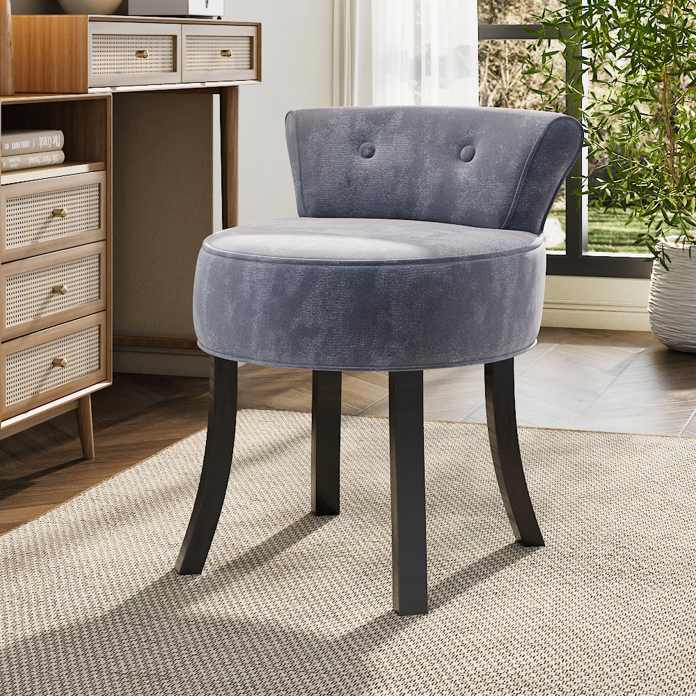 Velvet Buttoned Vanity Stool with Plush Seat and Curved Backrest
