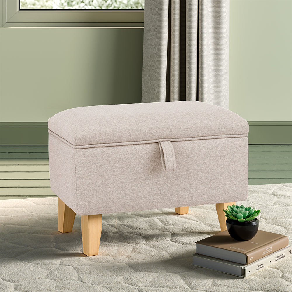 2-in-1 Linen Storage Organizer Ottoman Footstool with Cushion and Rubberwood Legs