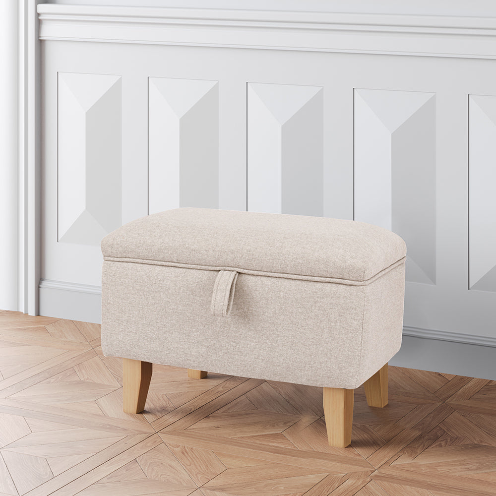 2-in-1 Linen Storage Organizer Ottoman Footstool with Cushion and Rubberwood Legs