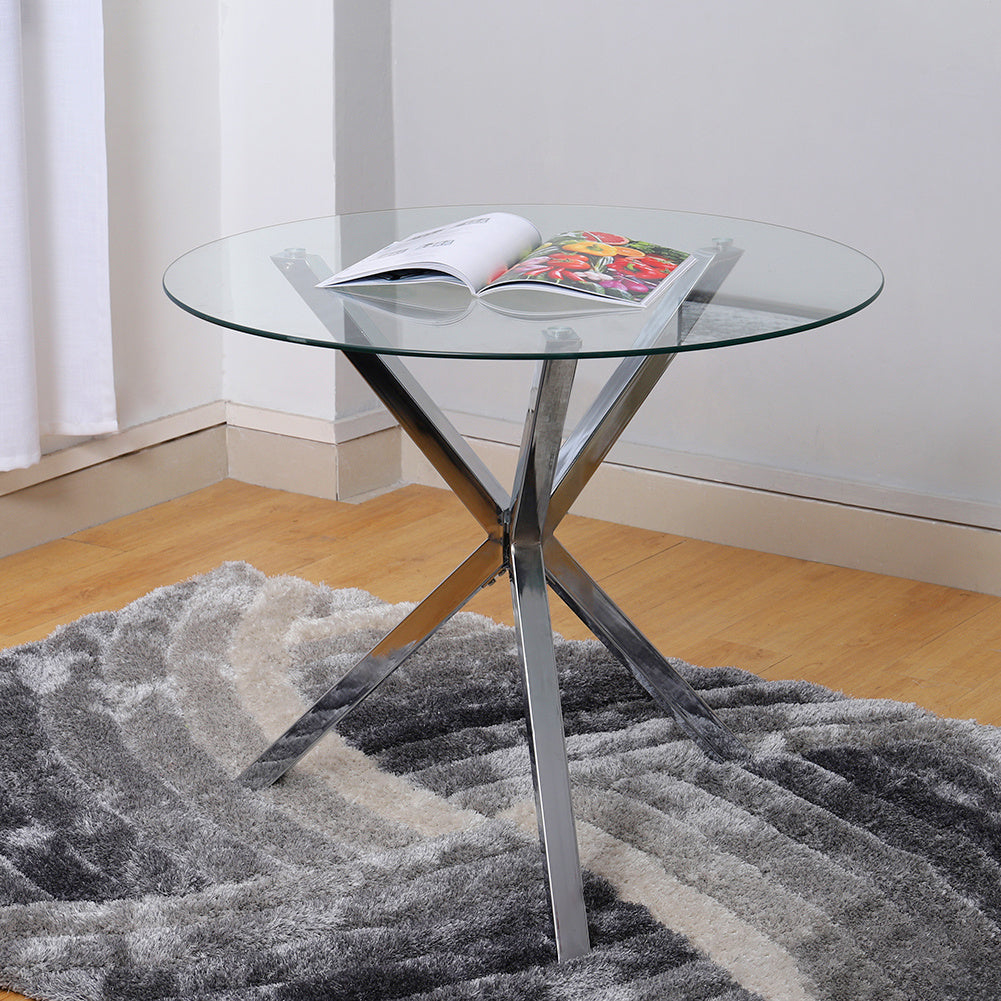 Round Tempered Glass Dining Table with Chrome Base Modern Small Dining Table
