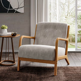 Light Grey Tufted Linen Buttoned Armchair Cushioned Seat Sturdy Frame
