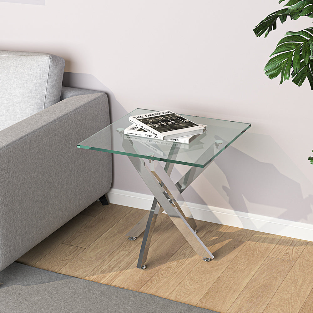 Square Tempered Glass End Table with Chrome Cross Legs