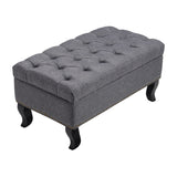 Upholstered Linen Footstool Storage Bench Button Tufted Wooden Legs