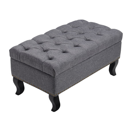 Upholstered Linen Footstool Storage Bench Button Tufted Wooden Legs