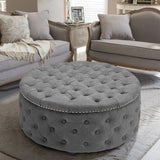 Linen Lotus Seedpod Chesterfield Buttoned Footstool Studded Edge