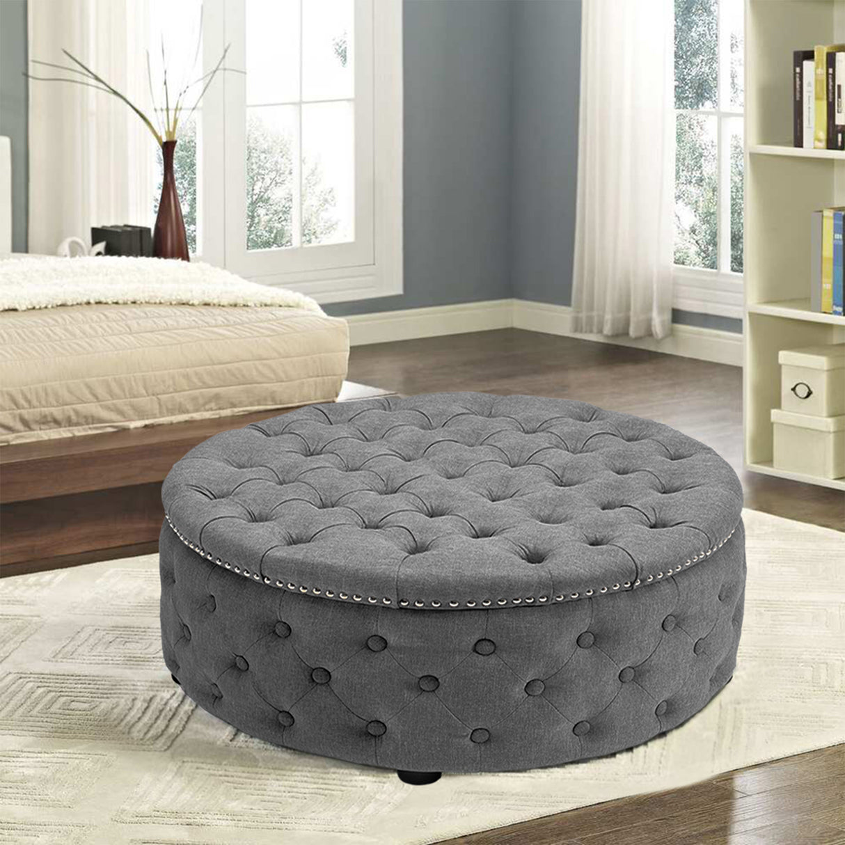 Linen Lotus Seedpod Chesterfield Buttoned Footstool Studded Edge