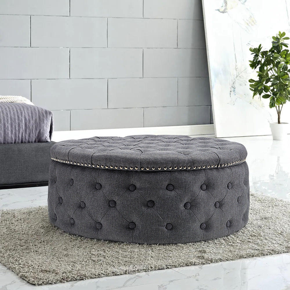 Linen Lotus Seedpod Chesterfield Buttoned Footstool Studded Edge