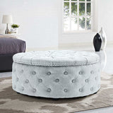 Round Linen Chesterfield Buttoned Wide Two Seater Footstool