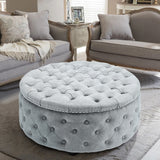 Round Linen Chesterfield Buttoned Wide Two Seater Footstool