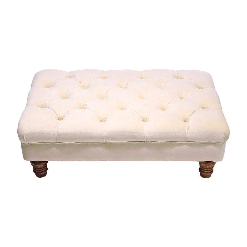 Velvet Oottoman Button Tufted Wide Seat Footstool with Wood Legs
