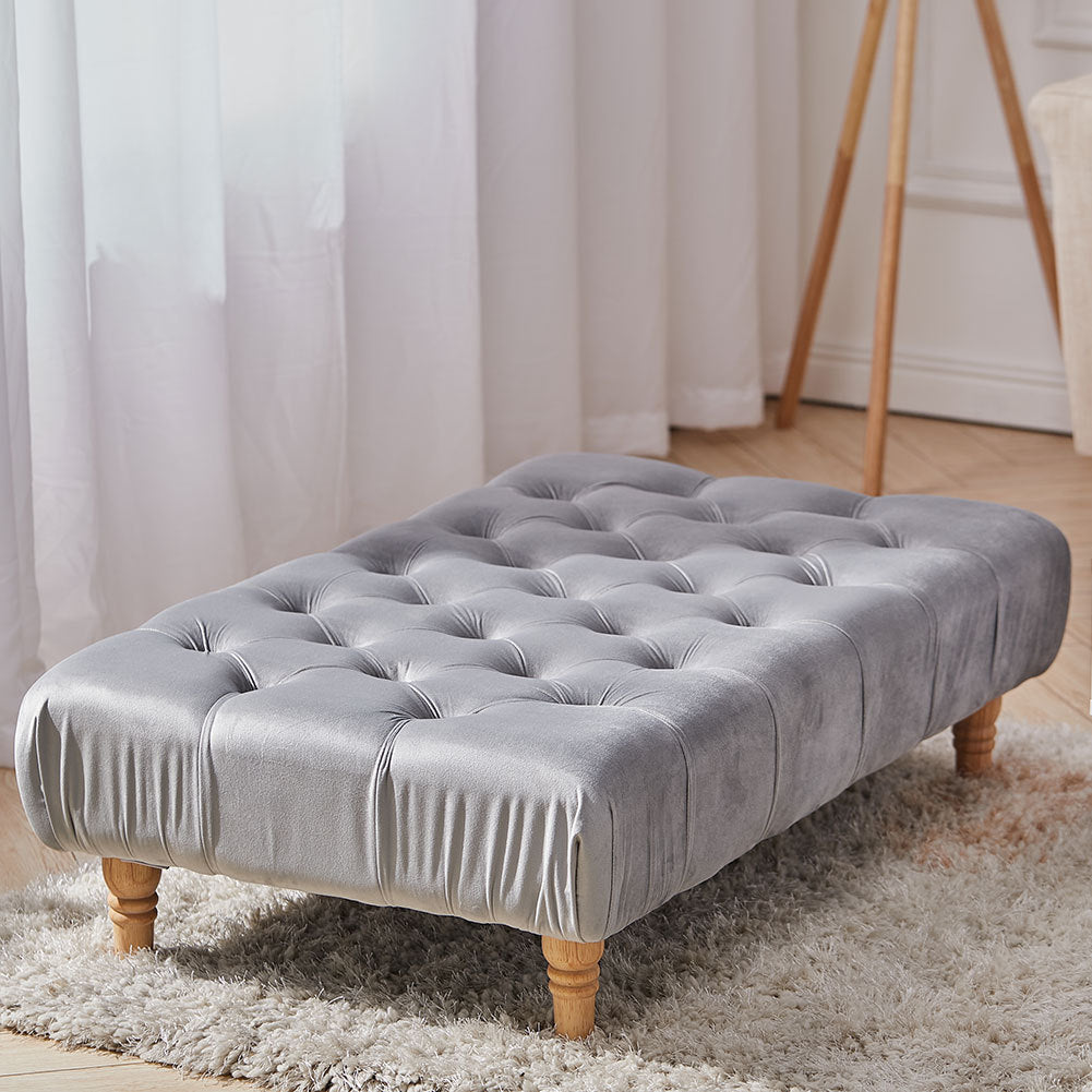 Grey Wide Velvet Buttoned Footstool with Wooden Legs