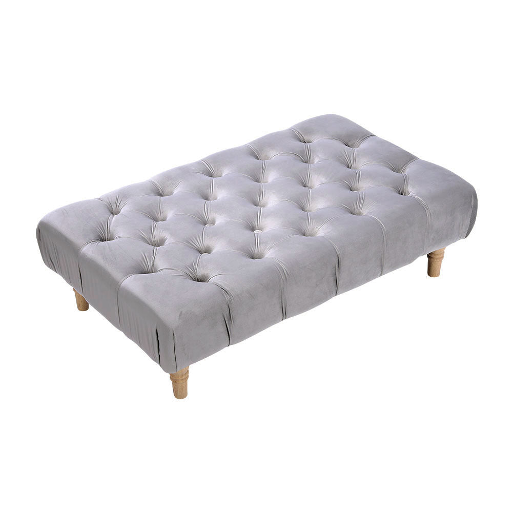 Grey Wide Velvet Buttoned Footstool with Wooden Legs