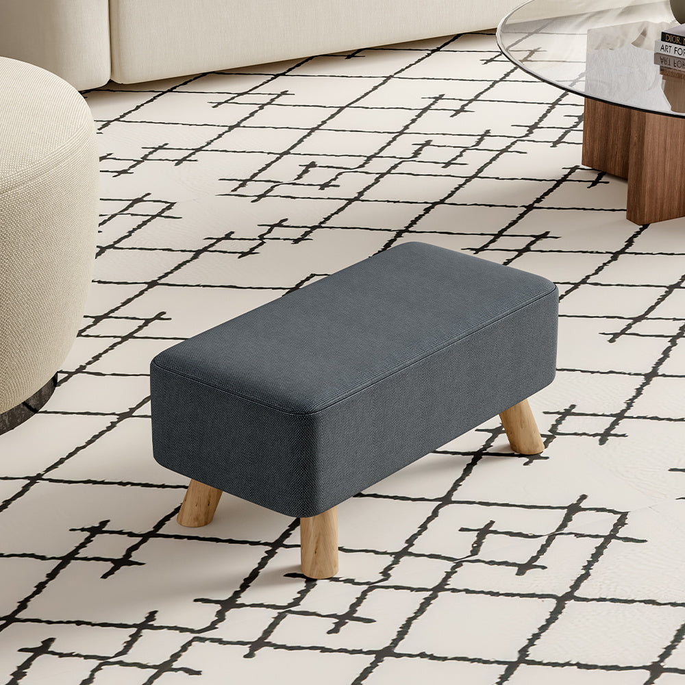 Tofu Shape Oak Wood Linen Footstool with Wooden Legs