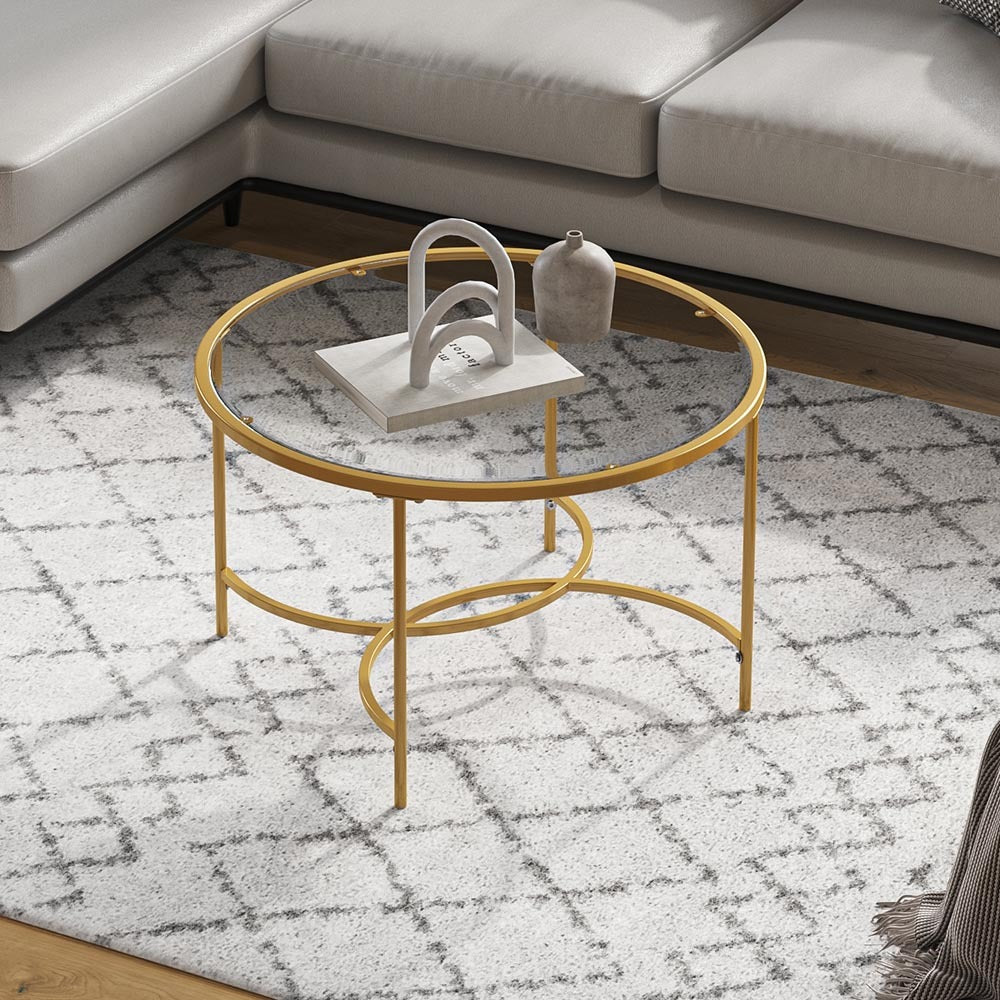 Modern Round Coffee Table Tempered Glass Top Metal Base Living Room Table