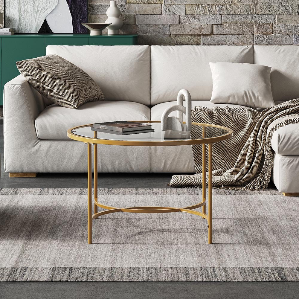 Modern Round Coffee Table Tempered Glass Top Metal Base Living Room Table