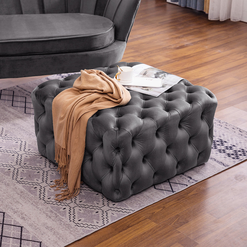 Square Velvet Footstool Deep Buttoned Pouffe Luxury Living Room Ottoman