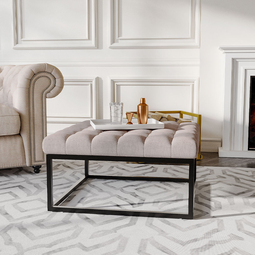 Modern Linen Footstool with Metal Frame Button Tufted Versatile Extra Seat