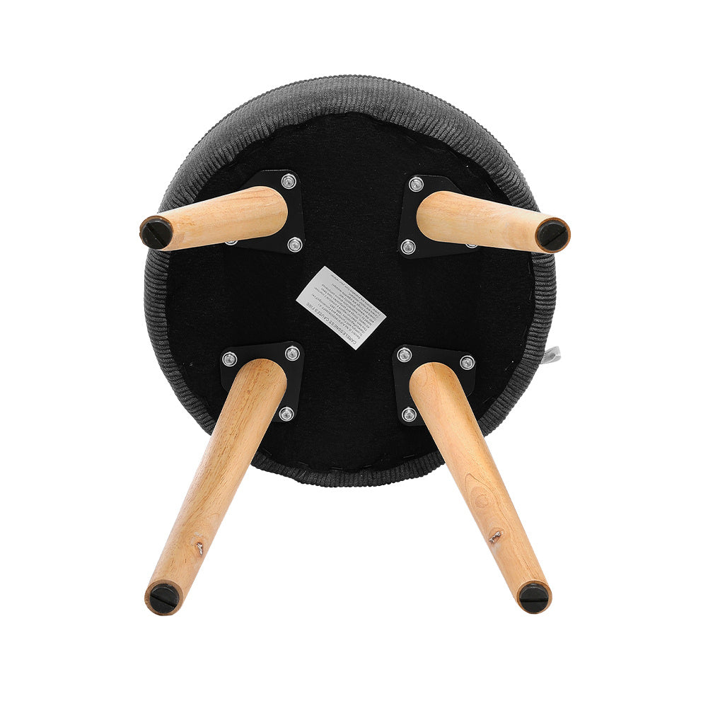 Grey Corduroy Round Footstool Compact Soft Extra Seat with Wooden Legs