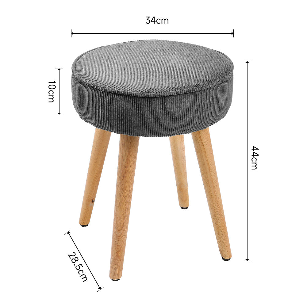 Grey Corduroy Round Footstool Compact Soft Extra Seat with Wooden Legs