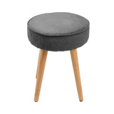 Grey Corduroy Round Footstool Compact Soft Extra Seat with Wooden Legs