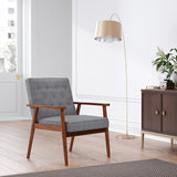 Modern Grey Armchair with Wooden Arms Comfortable Upholstered Accent Chair